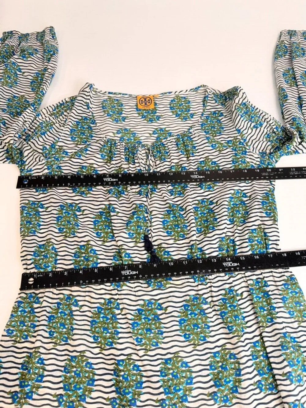 Tory Burch Blouse Women 12 Floral Stripe Tassel Boho Peasant Top Resort Work Ex